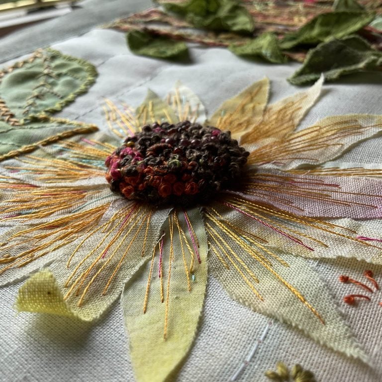 Art textiles coursework. Hand embroidered flower by Elain Jamie-Rose Campbell